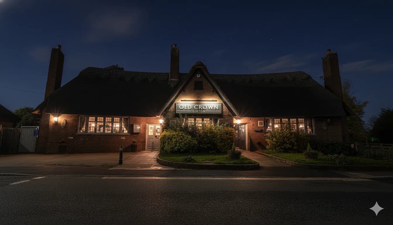 Street-facing view of The Old Crown's thatched Girton frontage and signage on High Street.
